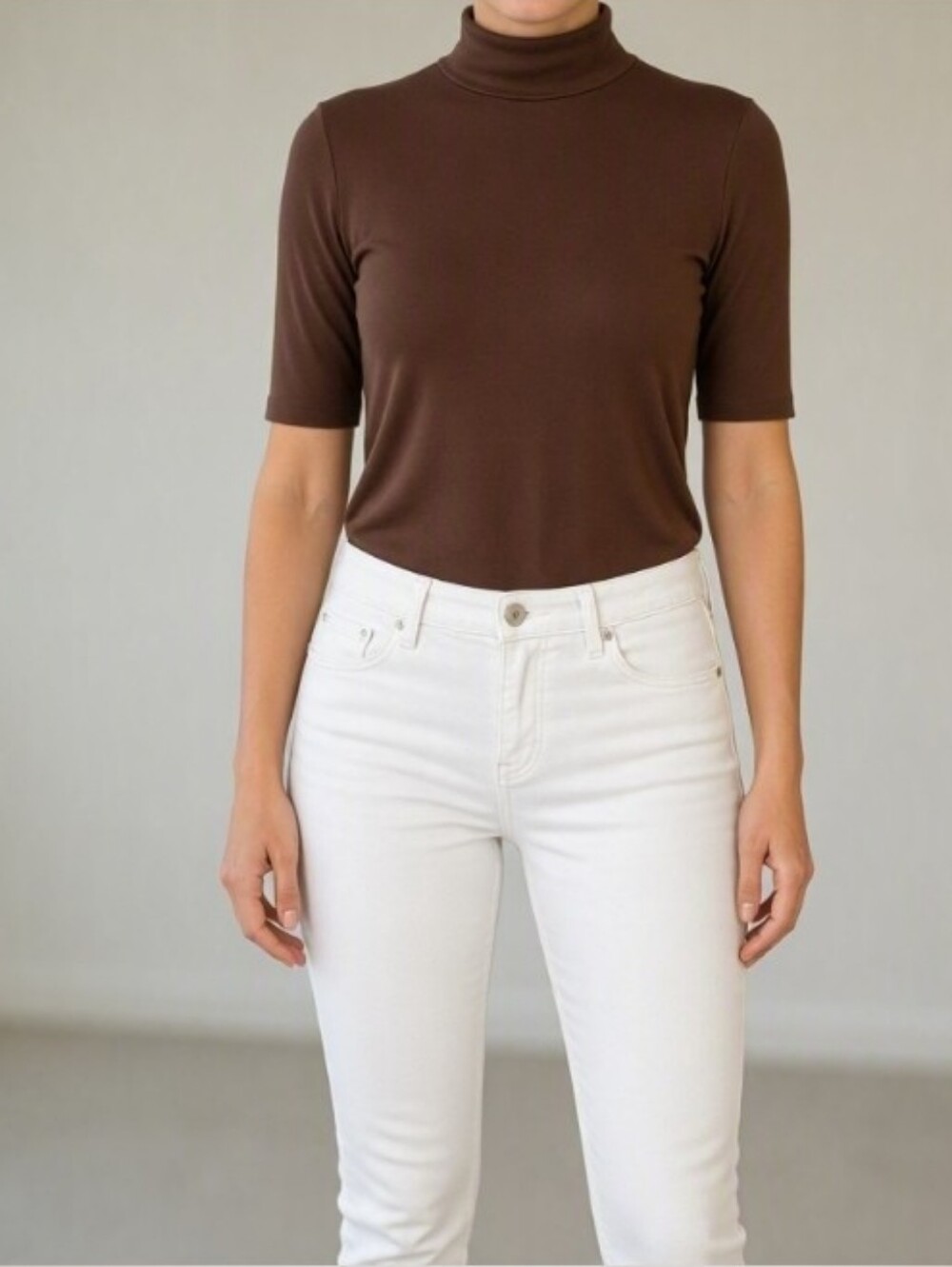 Chocolate Brown Mock Neck Short Sleeve Lightweight Soft Knit Sweater L